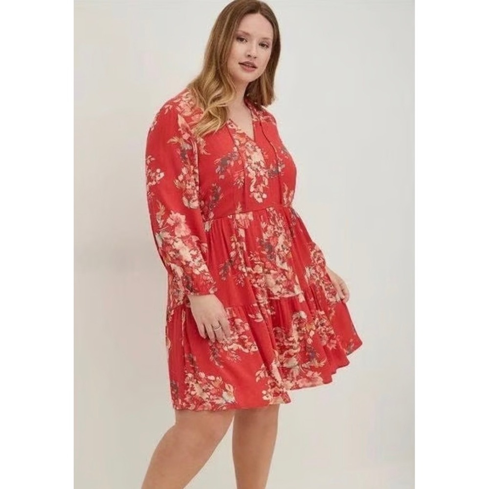 Torrid‎ Red Floral Gauze Tiered Mini Dress Long Sleeve Boho V-Neck Plus Size 2